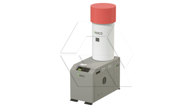A rectangular gray industrial machine labeled “AERCO” with a digital display and a tall white cylindrical component topped with a red cap.