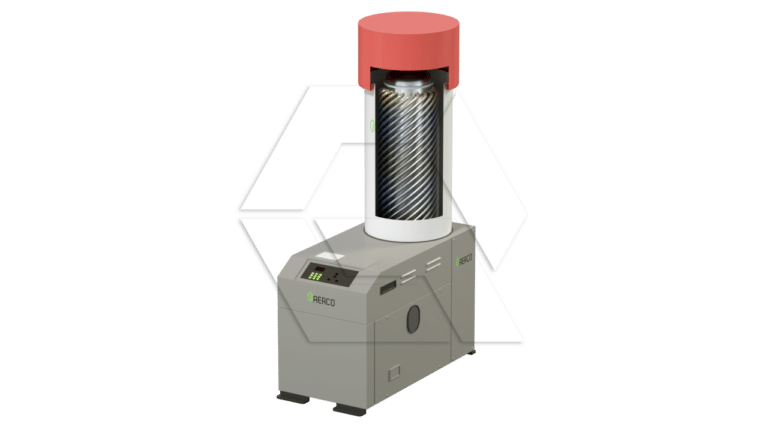 A laboratory device with a gray base and control panel, holding a large cylindrical object covered in a black and white patterned wrap topped by a red cap. The background is plain white.