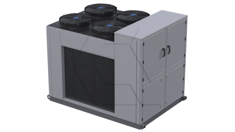 A large gray industrial HVAC unit with four black circular fans on top and a vented panel on the front, standing on a flat base against a plain background.