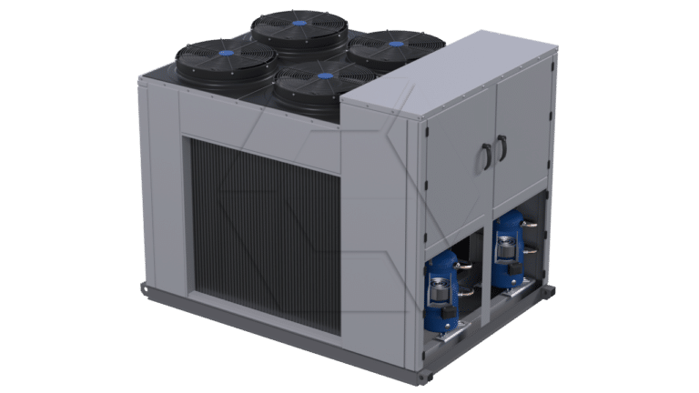 A large industrial HVAC chiller unit with four black fans on top, grey metal panels, two blue compressors visible in an open compartment, and a large side vent.