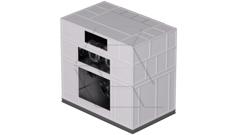 3D rendering of a large rectangular industrial HVAC unit with visible black fans inside two open sections on the front; the rest of the unit is enclosed in a light gray casing.