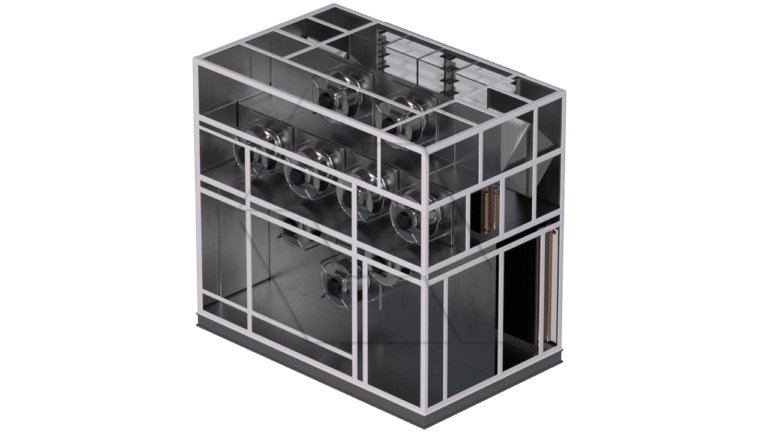 A 3D model of a large, rectangular industrial machine with visible metal framework, internal fans, and compartments, viewed from an elevated angle against a plain background.