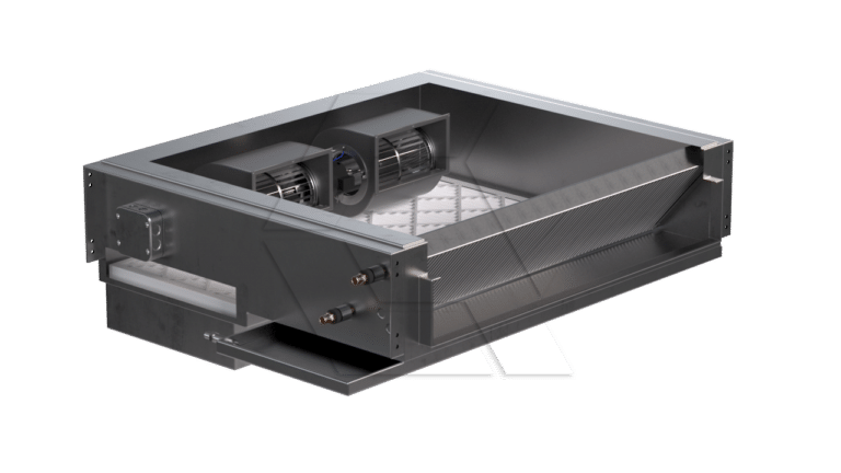 Rectangular metal HVAC unit with exposed dual fans, visible internal air filter, and two small copper pipes on the side, shown on a light background.