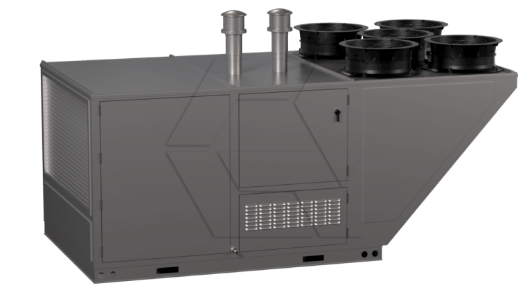 A large industrial HVAC unit with two exhaust pipes and five circular vents on top, shown in a gray metal casing against a white background.