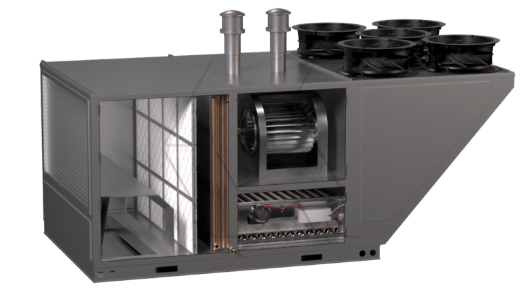 A large industrial HVAC unit is shown with its side panel removed, revealing internal components like fans, filters, a blower, and coils.