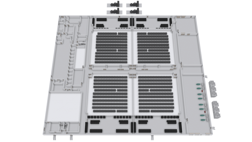3D floor plan of a large building showing four main sections filled with rows of seats, several entrance areas, and additional rooms and objects along the edges—featuring data center graphics that highlight specialized tech zones, likely representing a conference or auditorium space.