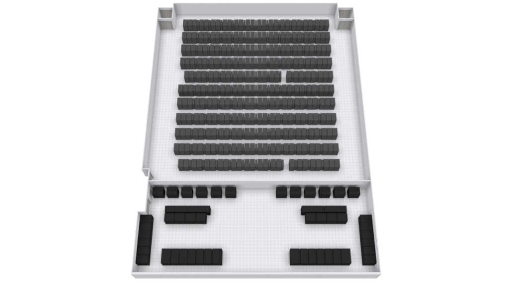 3D top-down view of a large room with rows of dark seats facing a front wall, and seating areas along the sides and rear—resembling an auditorium or lecture hall layout—enhanced with subtle data center graphics to suggest a modern, tech-driven environment.