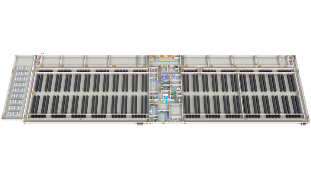 A digital floor plan of a large building with two main halls filled with rows of black rectangles, evoking data center graphics, central hallways, smaller side rooms, and labeled technical areas. The layout appears symmetrical.