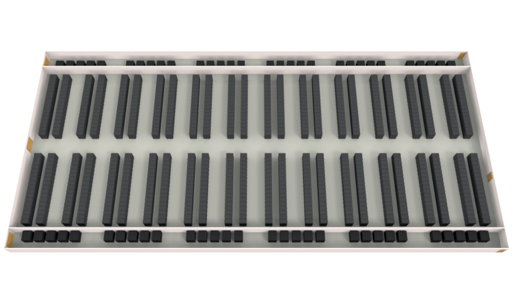 Top-down view of a large room with multiple rows of long, black benches or shelves arranged in parallel lines, reminiscent of data center graphics. The walls are white with brown corners, and the floor is light gray.