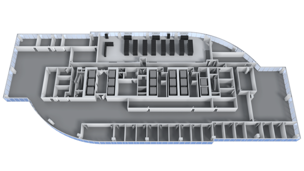 3D floor plan of a modern office with multiple rooms, hallways, and open areas. The design incorporates data center graphics elements, featuring a row of desks in one open section and several enclosed office spaces along the sides and in the center.