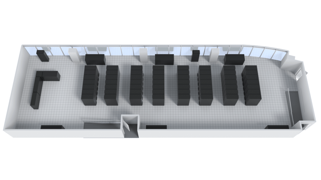 3D floor plan of a large, rectangular server room featuring data center graphics, with rows of black server racks, two side rooms, windows along one wall, and entry doors at the ends. The floor is tiled in a light color.