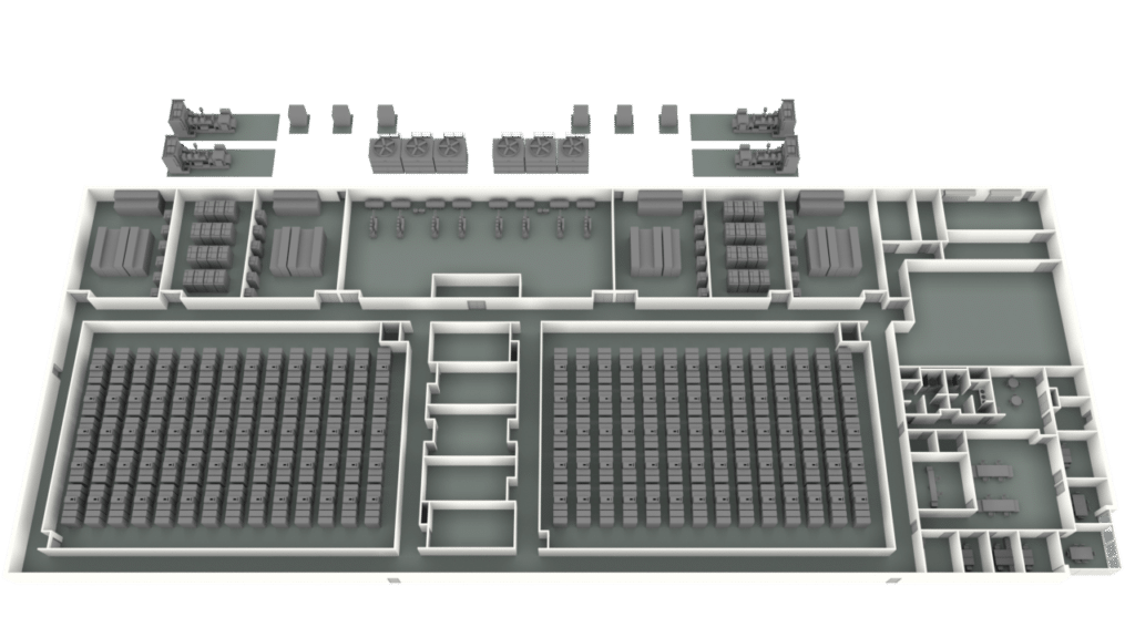 3D floor plan of a large building, featuring data center graphics that highlight two main rooms with rows of seats, side rooms, storage areas, and equipment at the back. The layout appears organized and divided into multiple functional spaces.