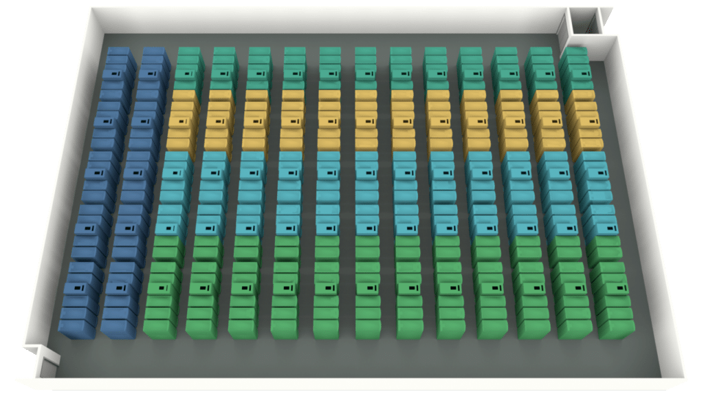 A 3D rendering of a room filled with rows of colored lockers in blue, teal, green, and yellow, organized in a repeating pattern evokes the precise and organized look often seen in data center graphics. The room has white walls and two small doors in the upper right corner.