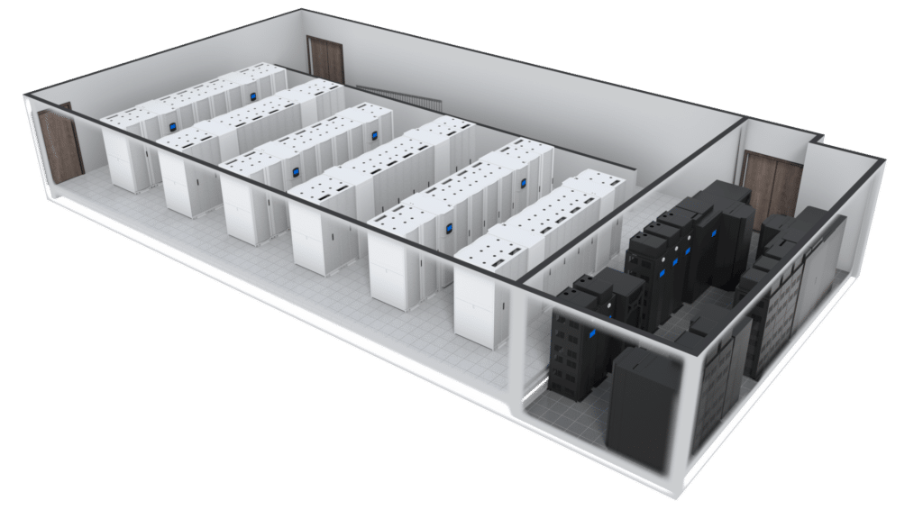 3D rendering of a modern data center room with rows of white server racks in one section and black power and cooling units in another, separated by partial walls and doors, showcasing detailed data center graphics throughout the space.