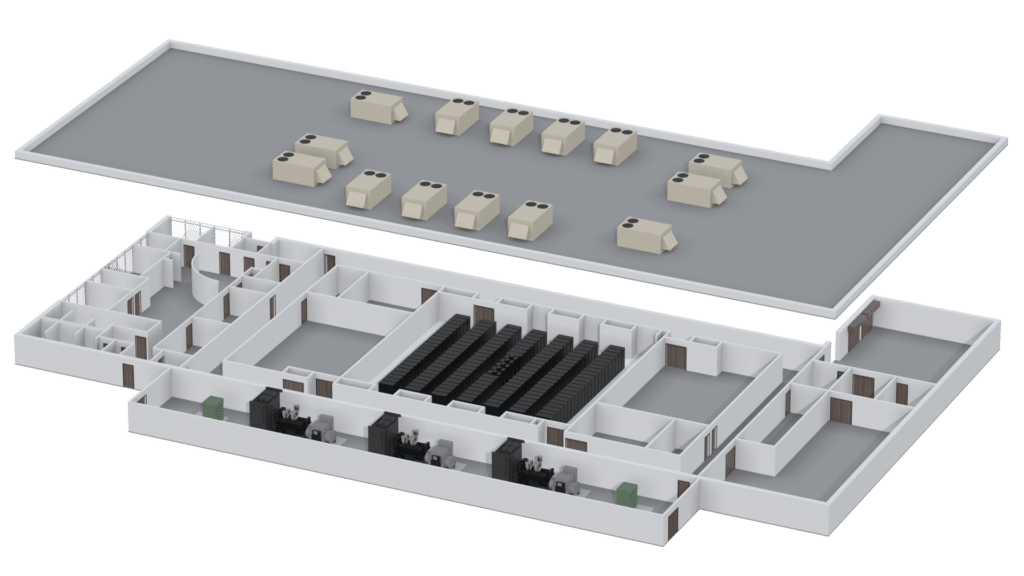 3D cutaway of a building with an upper level showing several HVAC units and a lower level featuring server racks, rooms, doors, and entryways—an illustrative example of data center graphics that likely represents a detailed data center layout.