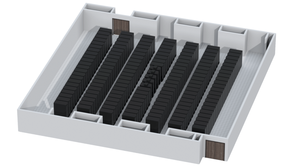 3D render of a large, rectangular room with rows of black server racks, white walls, tiled floor, and three brown doors—one on each of three sides—showcasing realistic data center graphics.