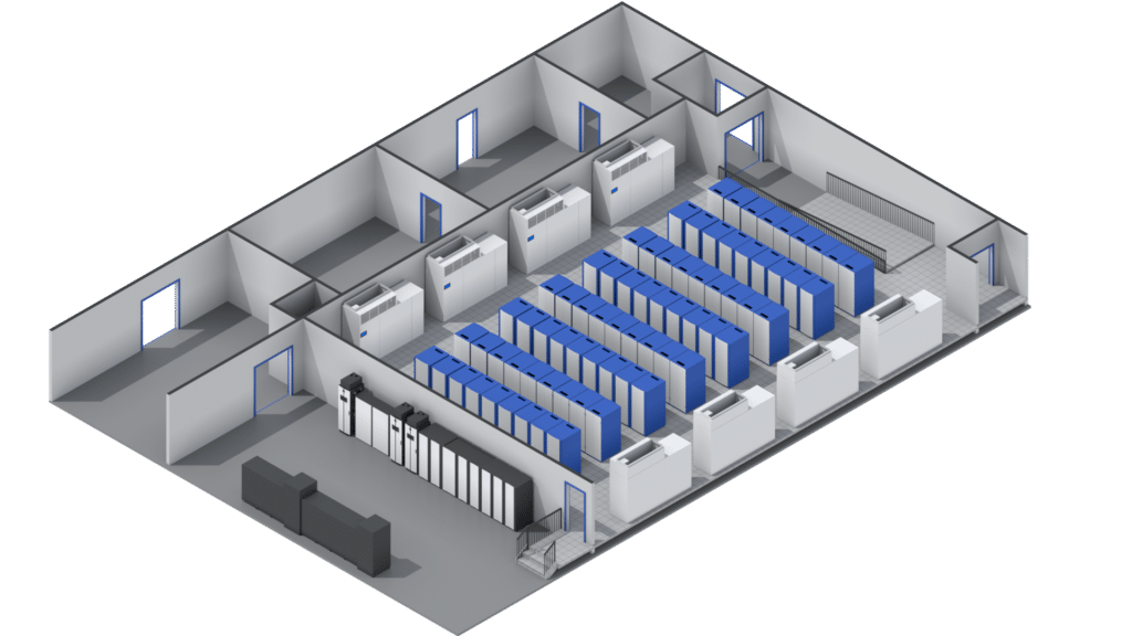 Isometric view of a data center interior, featuring rows of blue server racks, cooling units along the sides, and separate rooms for entry, storage, and lounge areas—perfect for use in data center graphics.