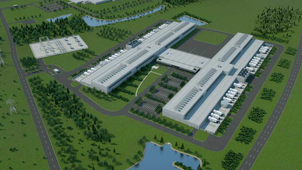Aerial view of a large, modern industrial facility featuring data center graphics, with parking lots, truck bays, and surrounding trees, roads, and ponds.