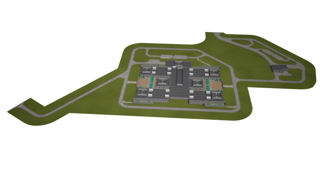 Aerial view of a simplified building complex resembling data center graphics, with surrounding green areas and looping roads, set against a plain white background.