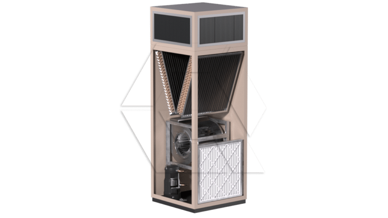 A cutaway view of a standing HVAC unit shows internal components, including a fan, filter, and angled coil, with panels exposing the ventilation and cooling systems.