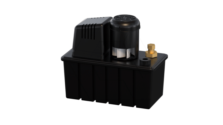 A black condensate pump with a rectangular base, a cylindrical motor, vented cover, and a brass inlet fitting, set against a plain light background.
