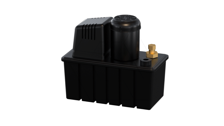 A black plastic condensate pump with a rectangular base, a vented top housing, a cylindrical section, and a brass connector on one side, set against a plain white background.