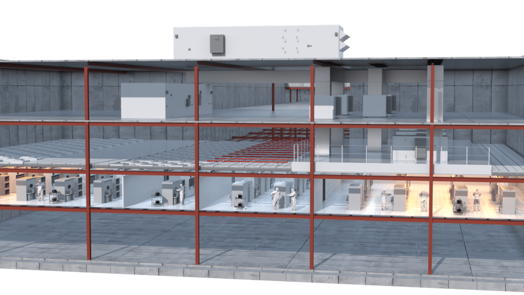 Cross-section of a multi-story industrial building showing red steel framework, machinery on lower floors, utility systems, and HVAC equipment on the roof, with concrete walls and floors visible throughout; rendered in data center graphics style for enhanced detail and clarity.
