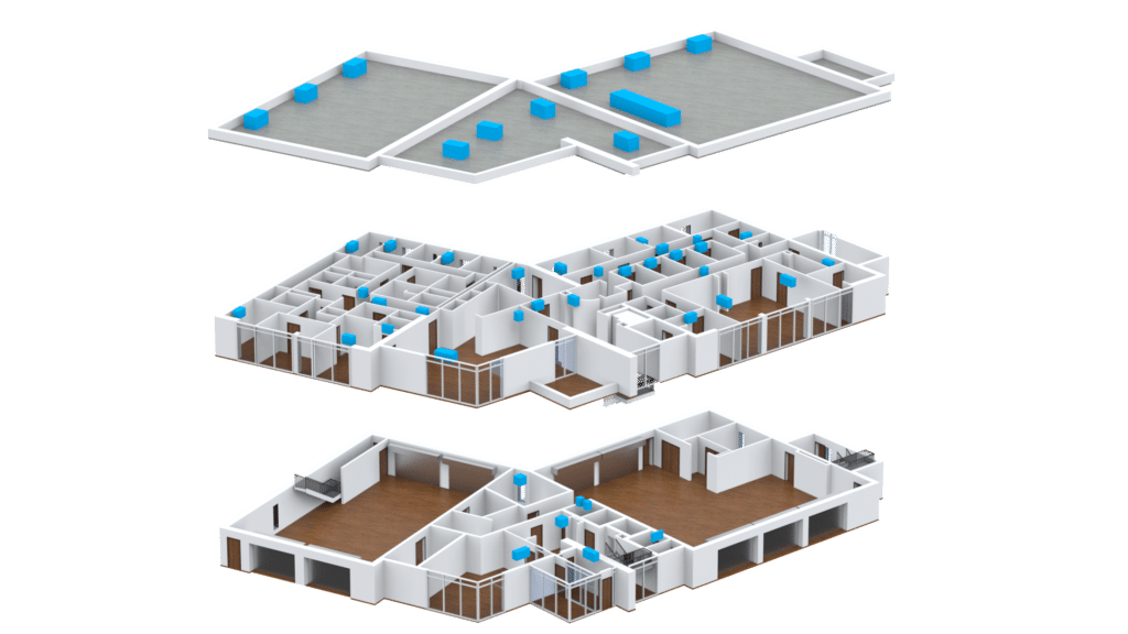 Three detailed 3D Floor Plan visualizations are stacked vertically, each representing a different level of the building. Every floor clearly displays rooms and spaces, with blue rectangular markers highlighting various features throughout each level.