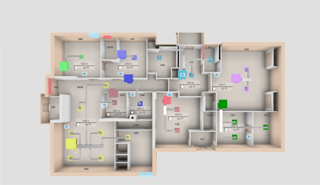 A digital floor plan of a building, featuring labeled rooms and colorful icons representing equipment or features. The layout includes hallways, multiple rooms, and some marked with measurement details.