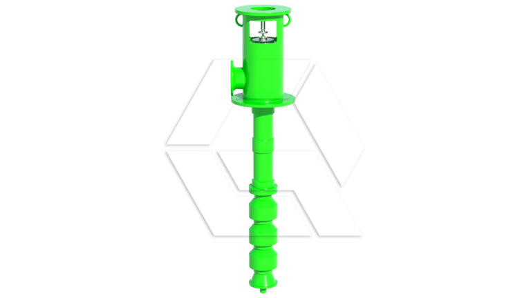 A digital rendering of a green industrial vertical pump with a cylindrical motor housing, multiple connected pipe sections, and a background featuring a faint geometric logo.