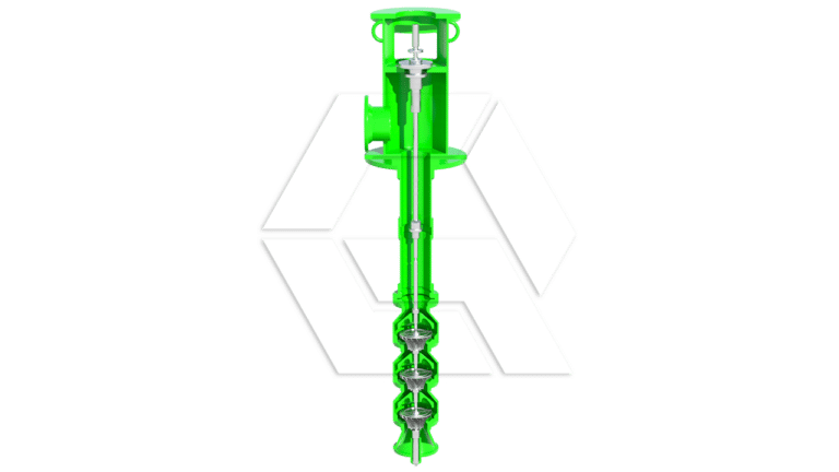 A green vertical turbine pump with multiple impellers is shown against a light background featuring a faint geometric logo.