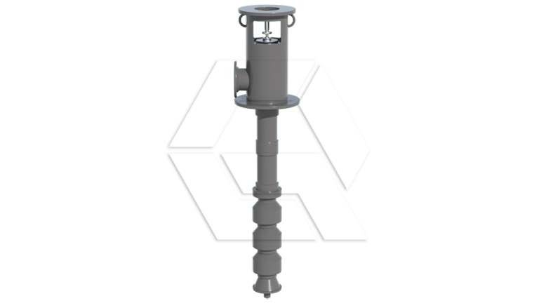 A 3D-rendered image of an industrial vertical pump with a cylindrical body, flanged inlet, and eyelets on the top, shown on a light background.