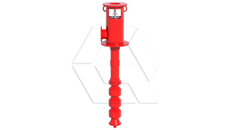 A red vertical industrial pump with a rounded top section, cylindrical body, multiple flanges, and a visible central shaft, displayed on a light background with a faint geometric logo behind it.
