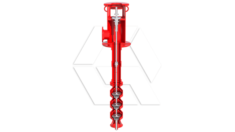 A red vertical turbine pump with visible impellers and casing against a light background, viewed from the side.