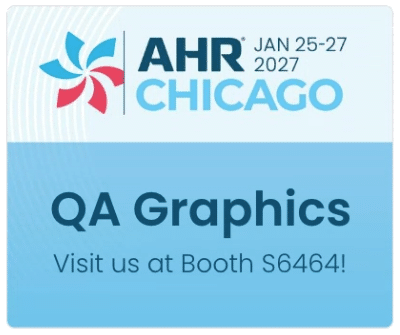 AHR Chicago event badge for January 25-27, 2027. Text reads: “QA Graphics. Visit us at Booth S6464!”.