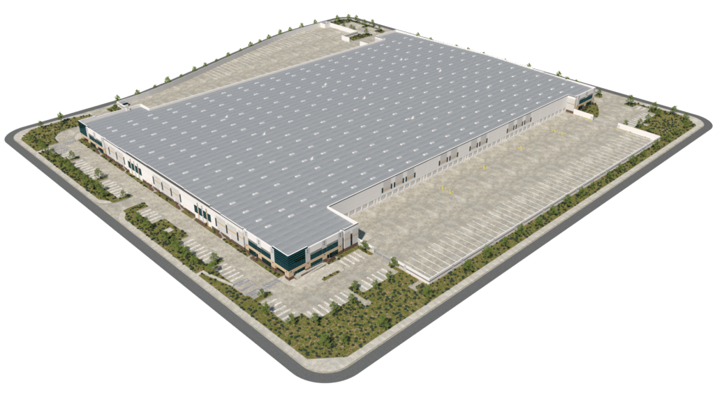 A large, modern warehouse with a gray roof and white walls, surrounded by parking lots, greenery, and a road on all sides. The area is clean and well-organized, resembling the precision often seen in data center graphics.