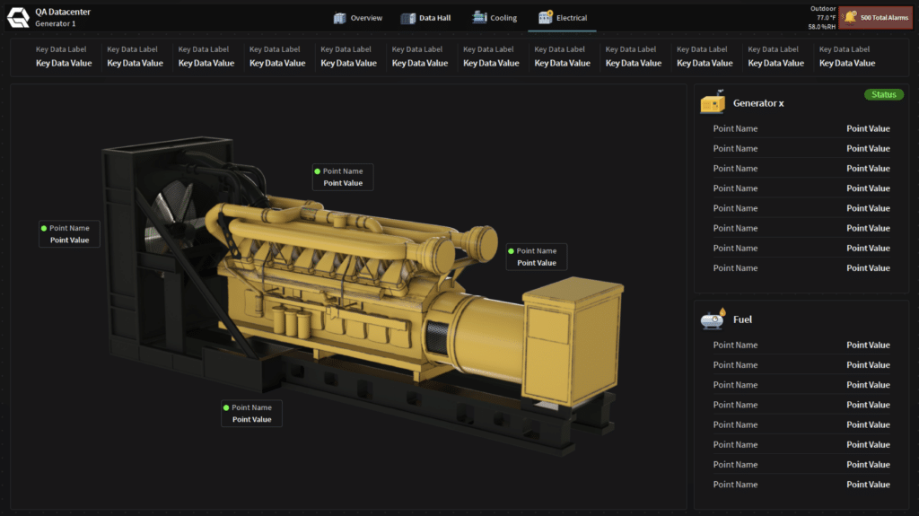 A computer interface featuring BAS graphics displays a 3D model of a yellow industrial generator with labeled data points. A status and fuel data panel appear on the right side of the screen.