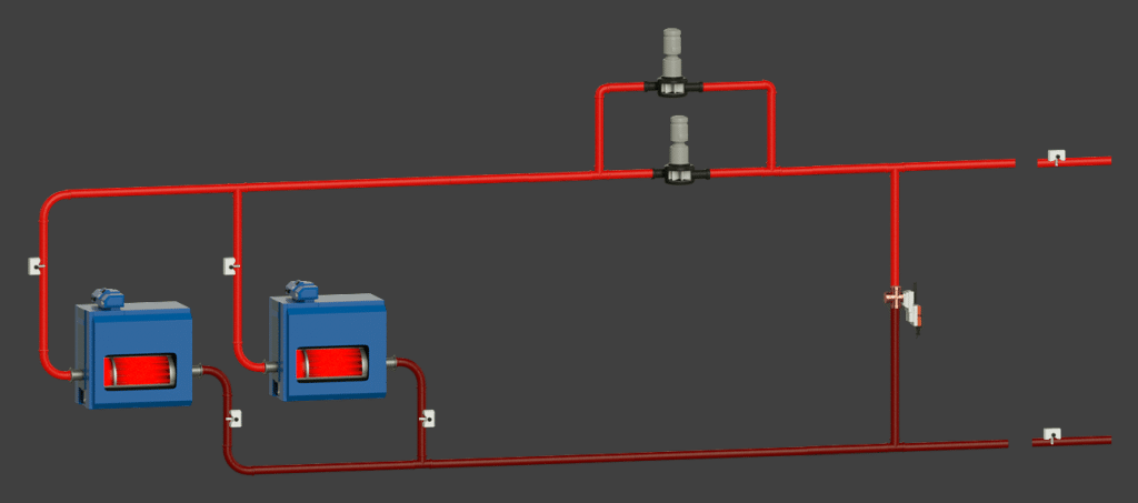 A system graphics diagram showing two blue heating units connected to a red piping system with two valves stacked vertically.